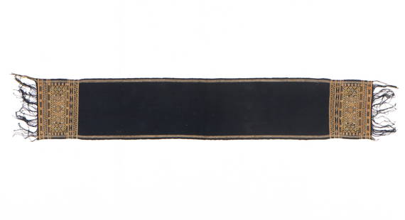 Li Meifu Cotton and Silk Head Cloth, Hainan Island, China, Early 20th C.: Li Meifu Cotton and Silk Head Cloth, Hainan Island, China, Early 20th C. Cotton and silk, supplementary weft with embroidery and twining in beige and gold on indigo background. From the Meifu dialect
