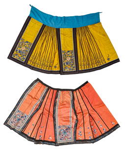 Two Han Chinese Mamianqun Pleated Skirts, Early 20th C.: Two Han Chinese Mamianqun Pleated Skirts, Early 20th C. Silk embroidery on silk, cotton. 2'11'' x 2'11'' (89 x 89 cm); 3'8'' x 3'0'' (112 x 91 cm). Provenance: Ex. Roger Hollander collection.