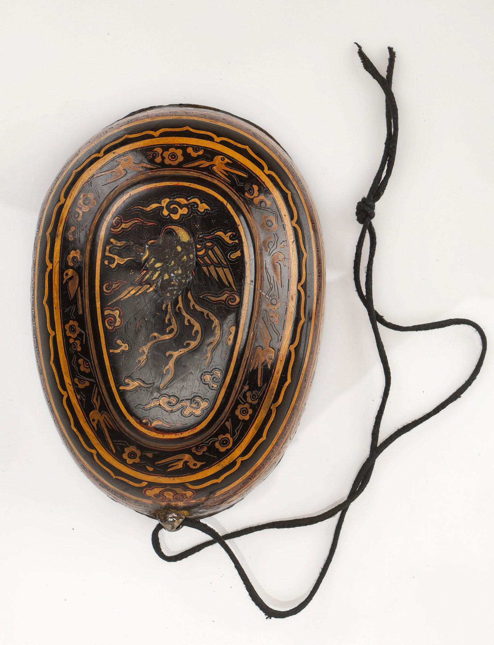 Antique Yi Bowl, China: Antique Yi Bowl, China. Scull-shaped, paint decorated and lacquered leather wine bowl. Size: 2'' x 6.5'' x 4.5'' (5 x 17 x 11 cm). Provenance: Ex. Roger Hollander collection.