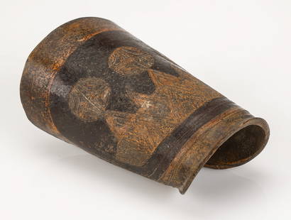 Antique Yi Armor Element, Arm Guard, China: Antique Yi Armor Element, Arm Guard, China. Leather with raised, embossed decorative work, yellow and black and red paint. Size: 5'' x 3'' x 3'' (13 x 8 x 8 cm). Provenance: Ex. Roger Hollander collec