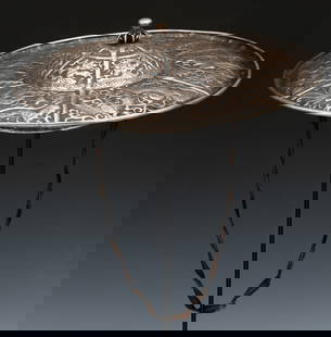 Antique Silver Hat, China: Antique Silver Hat, China. Weight: 1400 g. Size: 14'' x 14'' x 2'' (36 x 36 x 5 cm). Provenance: Ex. Roger Hollander collection.
