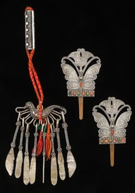 Antique Miao Silver Belt Ornament Chatelaine and Two Unspecified Hair Pins, China