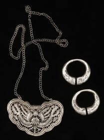 Pair of Antique Miao Silver Earrings and Necklace, China