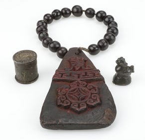 Antique Miao Silver Pendant and Bronze Opium Weight, with Unspecified Wooden Pendant, China.