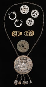 Collector's Lot of Seven Pieces of Antique Chinese Jewelry. Miao Silver Pendant, Necklace, Buckle,
