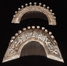 Two Antique Miao Silver Ornamental Combs, China
