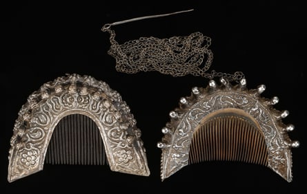 Two Antique Miao Silver Combs, China