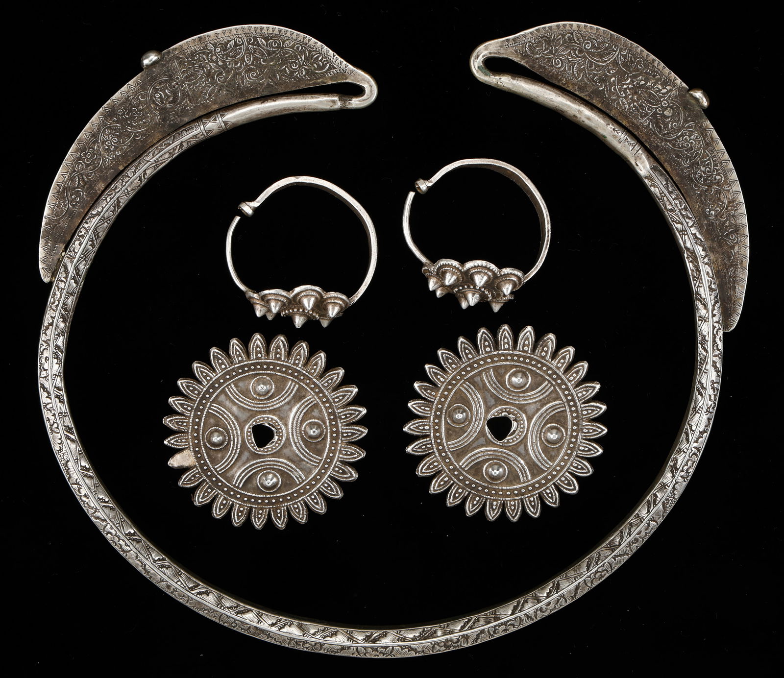 Pair of Antique Silver Yi Earrings and Miao Torque, China (1 of 3)