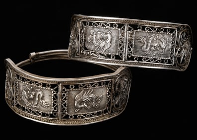 Pair of Antique Miao Silver Bracelets, China