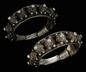 Pair of Antique Miao Silver Bracelets, China