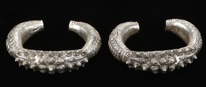 Pair of Antique Miao Silver Bracelets, China