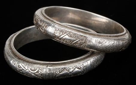 Pair of Antique Miao Silver Bracelets, China
