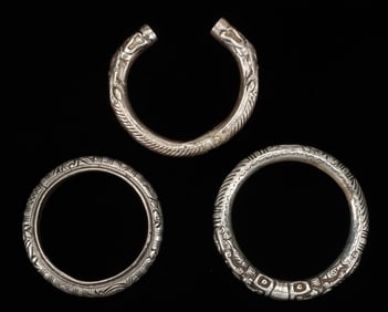 Three Antique Miao Silver Bracelets, China
