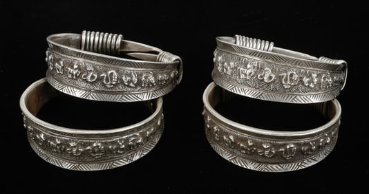 Four Antique Miao Silver Bracelets, China