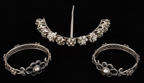 Pair of Antique Miao Silver Bracelets and Pin, China