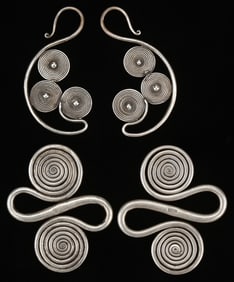 Two Antique Miao Silver Pendants and Earrings, China