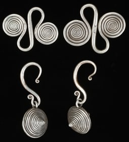Two Antique Miao Silver Pendants and Pair of Earrings, China