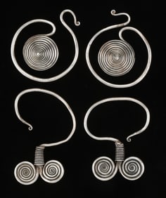 Two Pairs of Antique Miao Silver Earrings, China