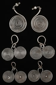 Three Pairs of Antique Miao Silver Earrings, China