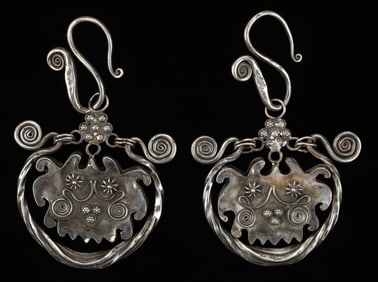 Pair of Antique Miao Silver Earrings, China