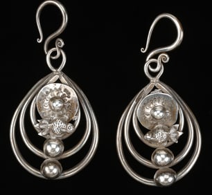 Pair of Antique Miao Silver Earrings, China