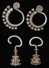 Two Pairs of Antique Miao Silver Earrings, China