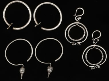 Three Pairs of Antique Miao Silver Earrings, China