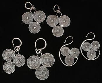 Three Pairs of Antique Miao Silver Earrings, China