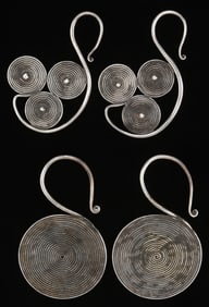 Two Pairs of Antique Miao Silver Earrings, China