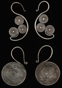 Two Pairs of Antique Miao Silver Earrings, China