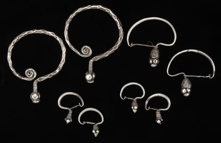 Four Pairs of Antique Miao Silver Earrings, China