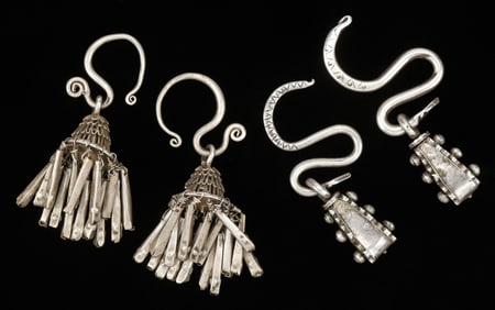 Two Pairs of Antique Miao Silver Earrings, China