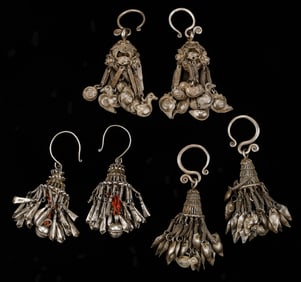Three Pairs of Antique Miao Silver Earrings, China