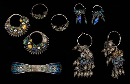 Antique Silver Bai Hair Ornament, Four Pairs of Unspecified and Miao Earrings, China