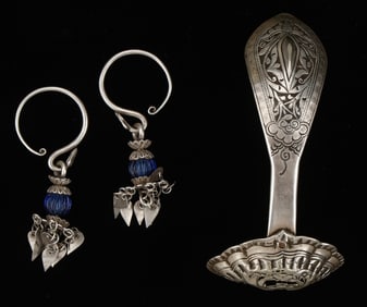 Pair of Antique Silver Miao Earrings and Bai Hair Ornament, China