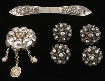Antique Miao Silver Hair Ornament, Pendant, and Four Ear Plugs, China