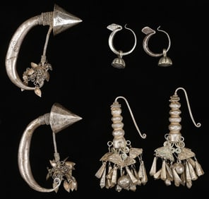 Three Pairs of Antique Silver Geija and Miao Earrings, China