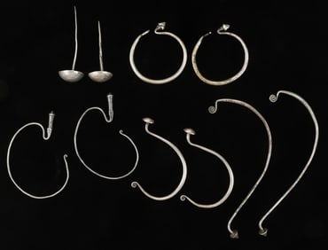 Ten Antique Miao Silver Pins and Earrings, China