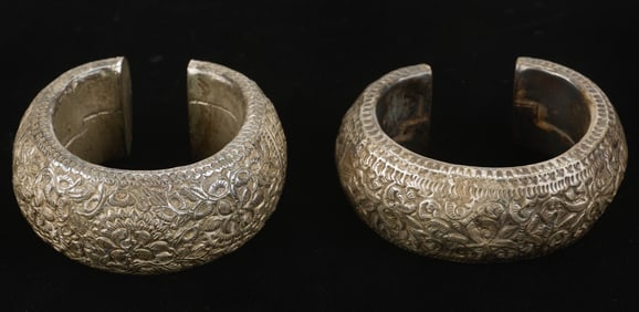 Pair of Antique Jingpo Silver Bracelets, China