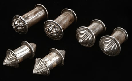 Six Antique Silver Miao Earplugs and Dong Earplugs, China