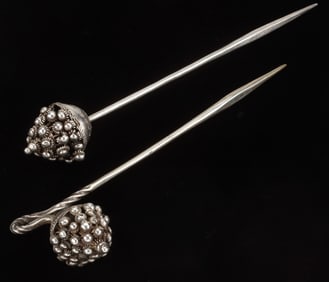 Two Antique Dong Silver Ornamental Pins, China