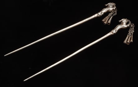 Two Antique Dong Silver Ornamental Hair Pins, China