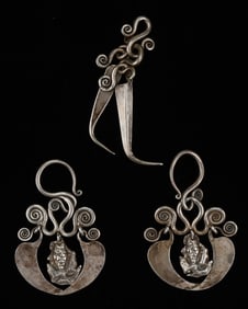 Antique Silver Dong Pendant and Pair of Miao Earrings, China