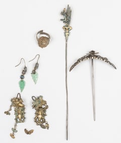 Collector's Lot of Two Antique Pins, Two Pairs of Earrings, and a Ring, China