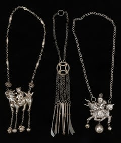 Two Antique Silver Miao Necklaces and Unspecified Chatelaine, China