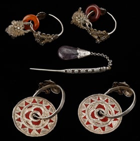 Pair of Antique Silver Miao Earrings and Pin, Pair of Yi Earrings, China