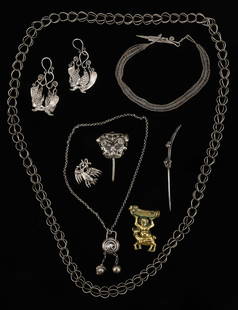 Collector's Lot of Eight Pieces of Antique Chinese Jewelry, China: Collector's Lot of Eight Pieces of Antique Chinese Jewelry, China. Dong necklace; Miao hairpin, chain, sculpture, and earrings; unspecified ornament, pin, and hair form. Total weight: 230 g. Sizes Ran