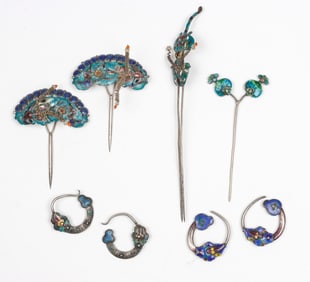 Collector's Lot of Eight Antique Man Silver Pins and Earrings, China