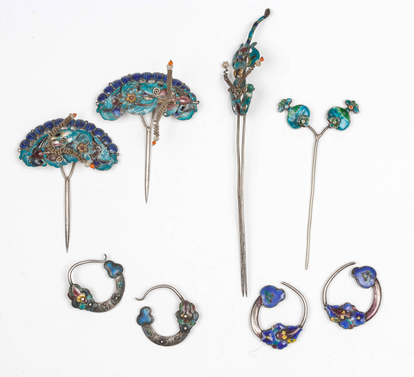 Collector's Lot of Eight Antique Man Silver Pins and Earrings, China