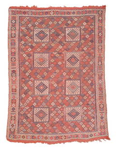 Verneh Flatwoven Cover, Transcaucasus, Ca. 1875, 5'4'' x 7'3'': Verneh Flatwoven Cover, Transcaucasus, Ca. 1875, 5'4'' x 7'3'' (163 x 221 cm). Weight: 10 lbs. Material: wool surface, wool warp. Ex. Cecil and Ute Striker collection, Philadelphia.